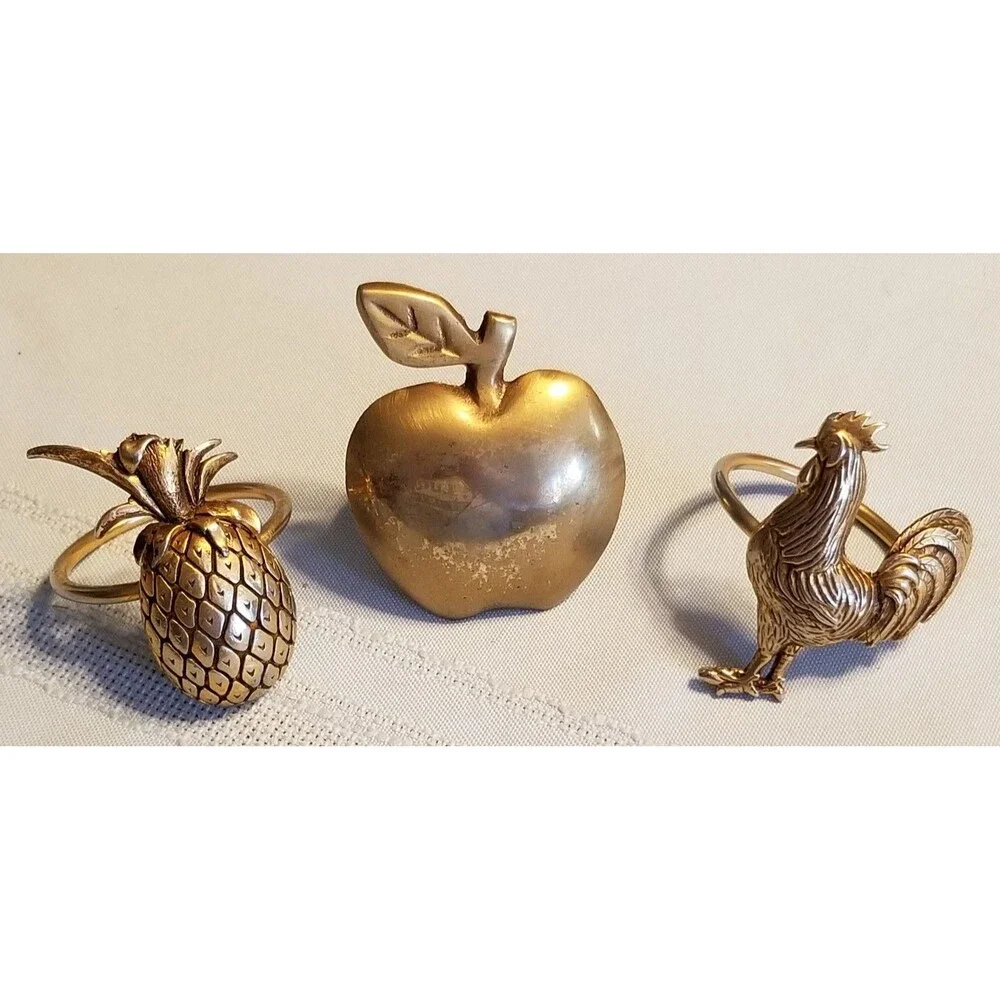 Set of 3 Figural Napkin Rings – Apple, Rooster, Pineapple
